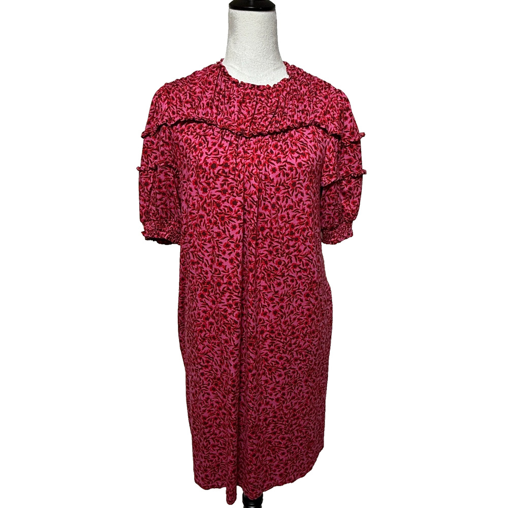 Boden Dress 10 Pink Red Short Sleeve Floral Midi‎ Yoke Detail Jersey Stretch 5%